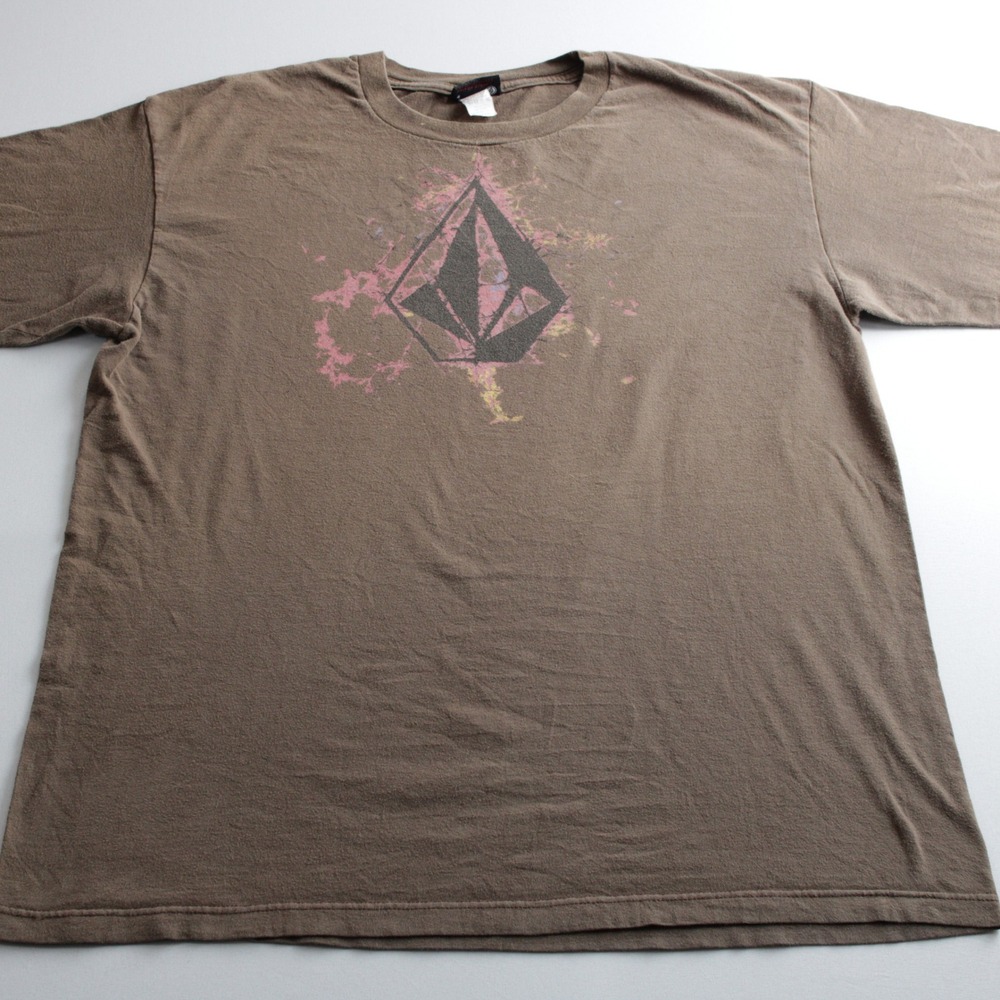 Volcom Mens L Surf Skate T-Shirt Brown Cotton Front Big Stone + Sleeve Graphic